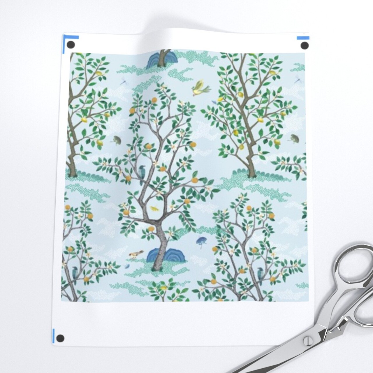 Blue Floral Citrus Tree Botanical Toile Fruit Grove Woodland Farm Lemon Orange Lime Small Scale Custom Removable Wallpaper by Spoonflower Peel & Stick Wallpaper 2FT Wide